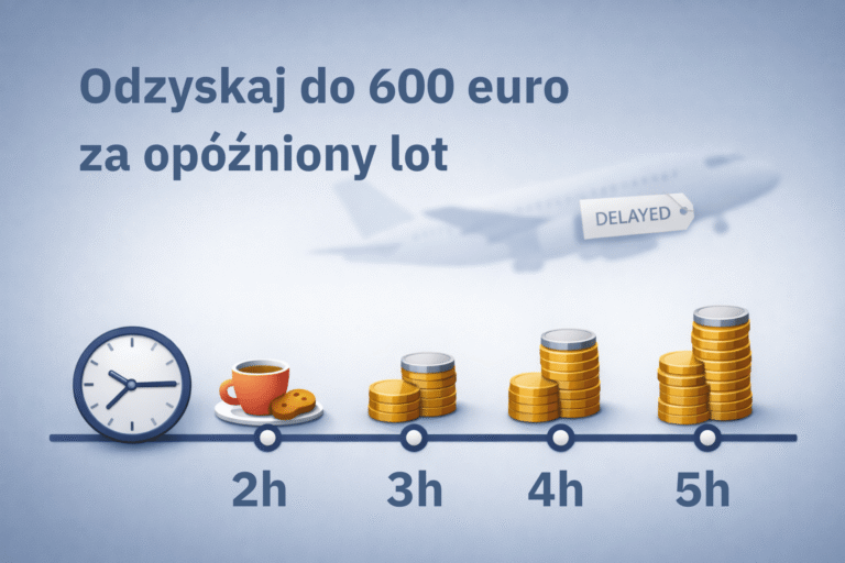 Schemat prawa pasażera przy opóźnionym locie – zegar, oś czasu i rosnące kwoty odszkodowania na tle opóźnionego samolotu