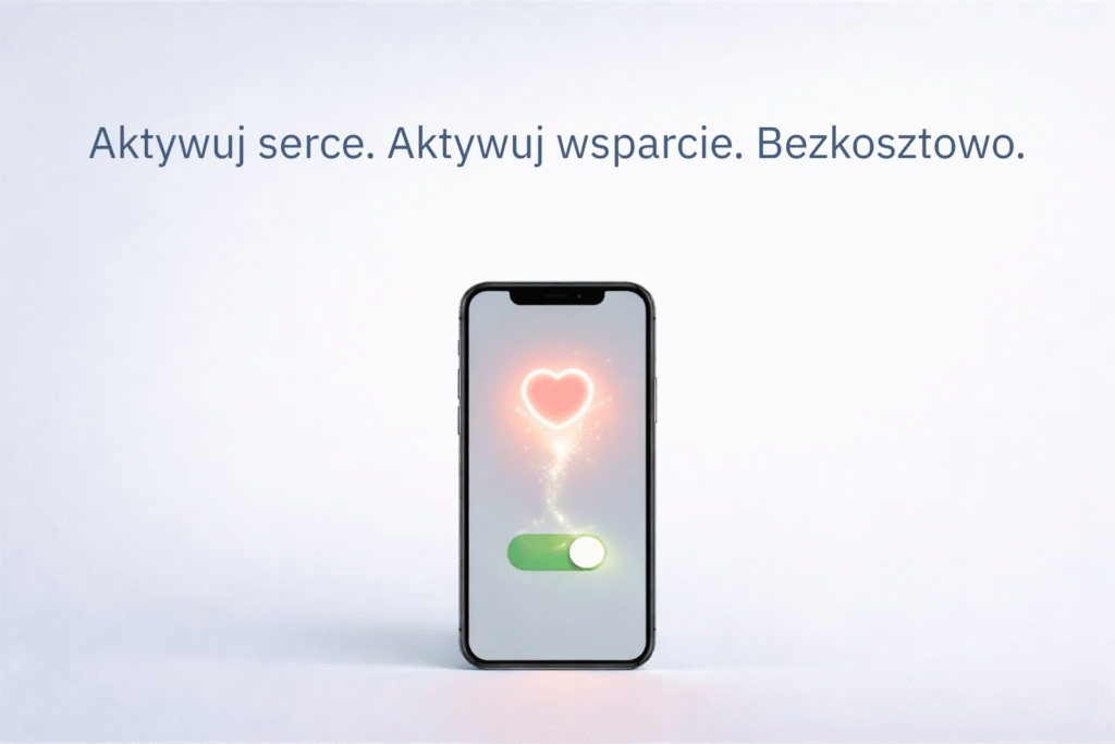 Smartfon z zielonym przełącznikiem aktywacji i świecącym sercem na ekranie, symbolizujący pomaganie Fundacji Konsumentów podczas zakupów online