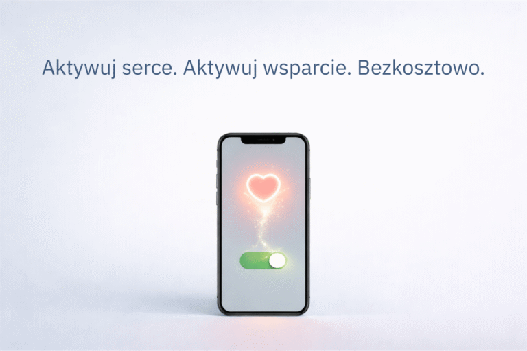Smartfon z zielonym przełącznikiem aktywacji i świecącym sercem na ekranie, symbolizujący pomaganie Fundacji Konsumentów podczas zakupów online