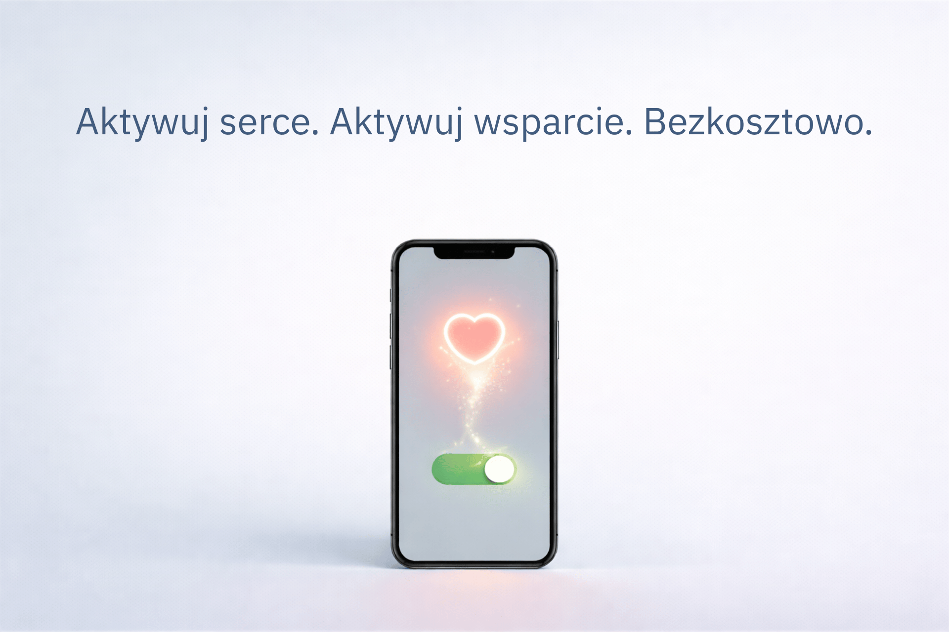 Smartfon z zielonym przełącznikiem aktywacji i świecącym sercem na ekranie, symbolizujący pomaganie Fundacji Konsumentów podczas zakupów online
