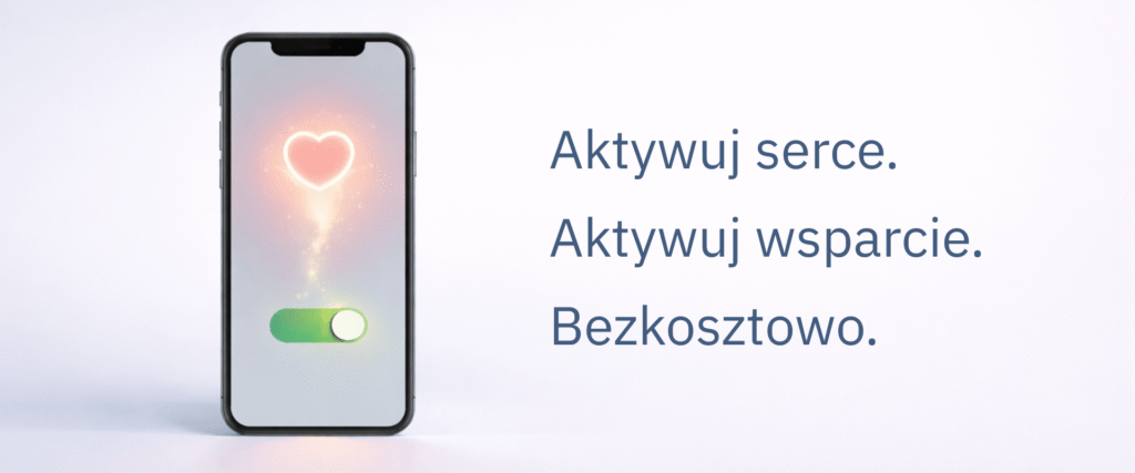 Smartfon z zielonym przełącznikiem aktywacji i świecącym sercem na ekranie, symbolizujący pomaganie fundacji podczas zakupów online.