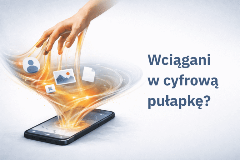 Ilustracja cyfrowej pułapki: ręka użytkownika wciągana do smartfona przez lepką spiralę symbolizującą lock-in i uśmieciowienie usług cyfrowych.