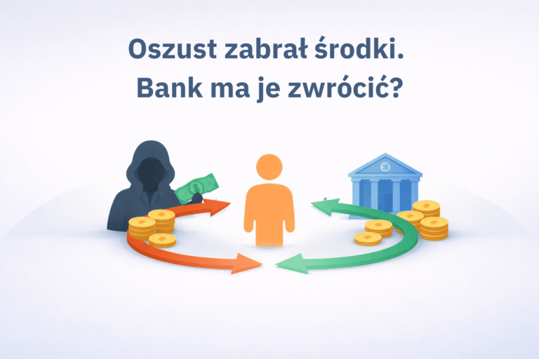 Ilustracja pokazująca oszukanego konsumenta między oszustem a bankiem oraz zwrot środków z banku po nieautoryzowanej transakcji.
