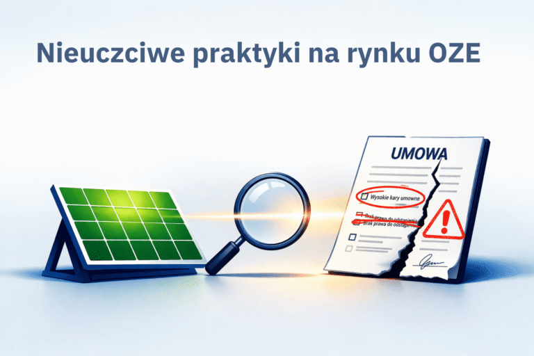 lustracja przedstawiająca panel fotowoltaiczny, lupę i dokument umowy z ostrzeżeniami jako symbol kontroli nieuczciwych praktyk na rynku OZE