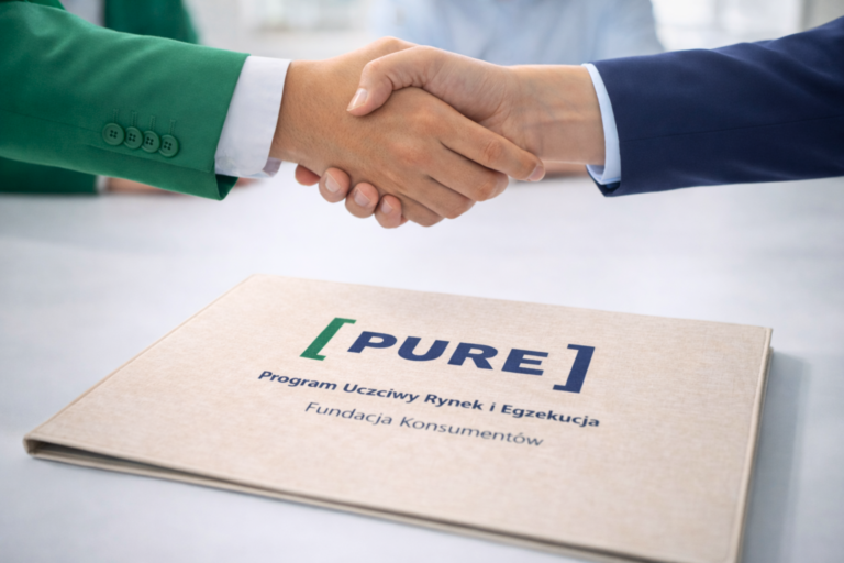 Uścisk dłoni nad teczką z logo programu PURE – Program Uczciwy Rynek i Egzekucja Fundacji Konsumentów, symbol współpracy na rzecz eliminowania nieuczciwych praktyk rynkowych.