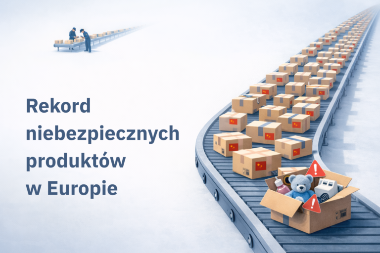 Ilustracja pokazująca dwie taśmy z paczkami: jedna z niewielką kontrolą celną, druga z masowym strumieniem paczek z Chin, symbolizująca zalew produktów na rynku UE i ograniczoną kontrolę bezpieczeństwa.
