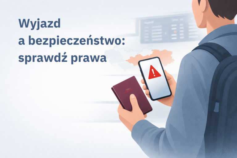 Podróżny z paszportem i telefonem z symbolem ostrzeżenia, w tle lotnisko i mapa regionu – prawa konsumenta przy odwołaniu lub zmianie wyjazdu.