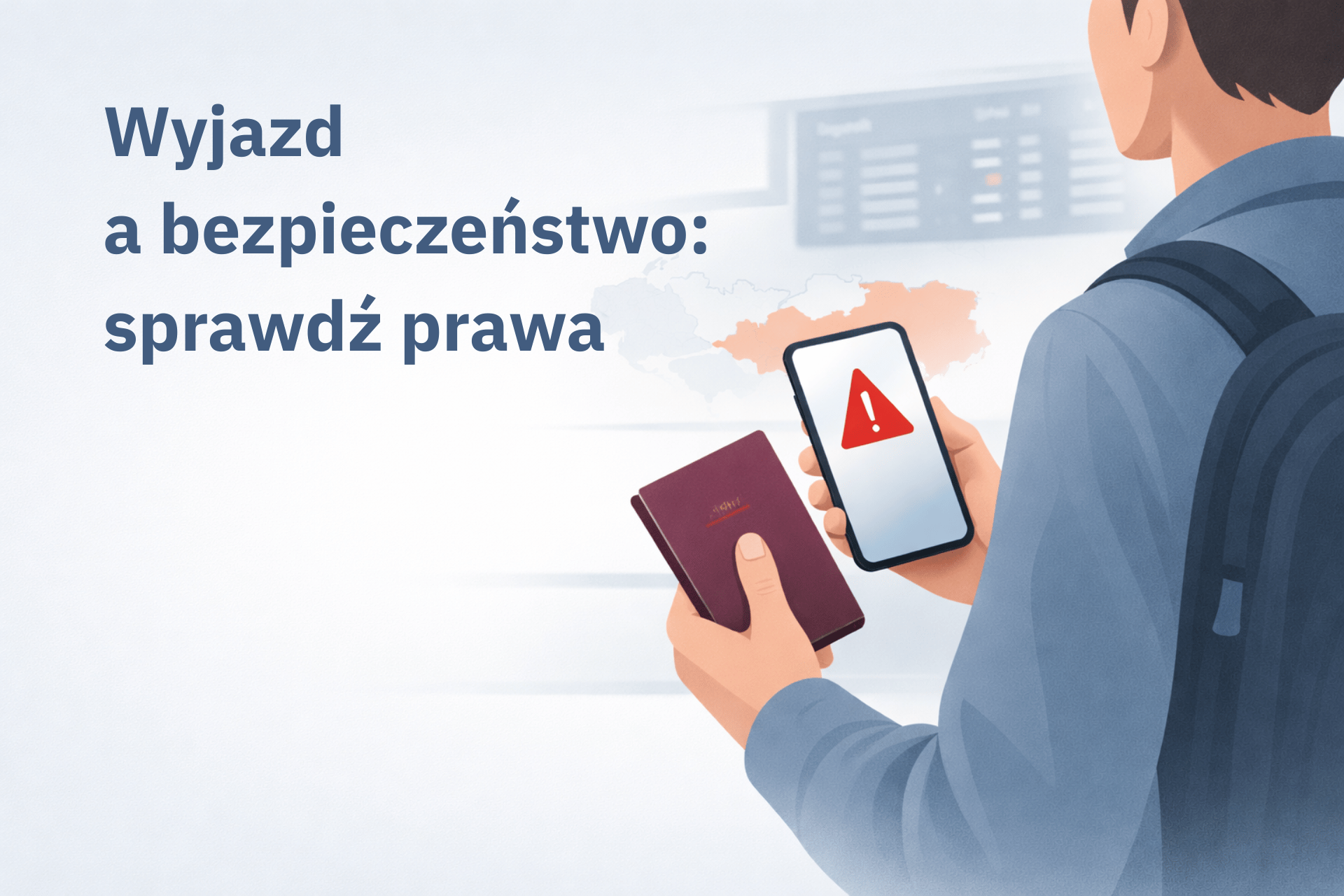 Podróżny z paszportem i telefonem z symbolem ostrzeżenia, w tle lotnisko i mapa regionu – prawa konsumenta przy odwołaniu lub zmianie wyjazdu.