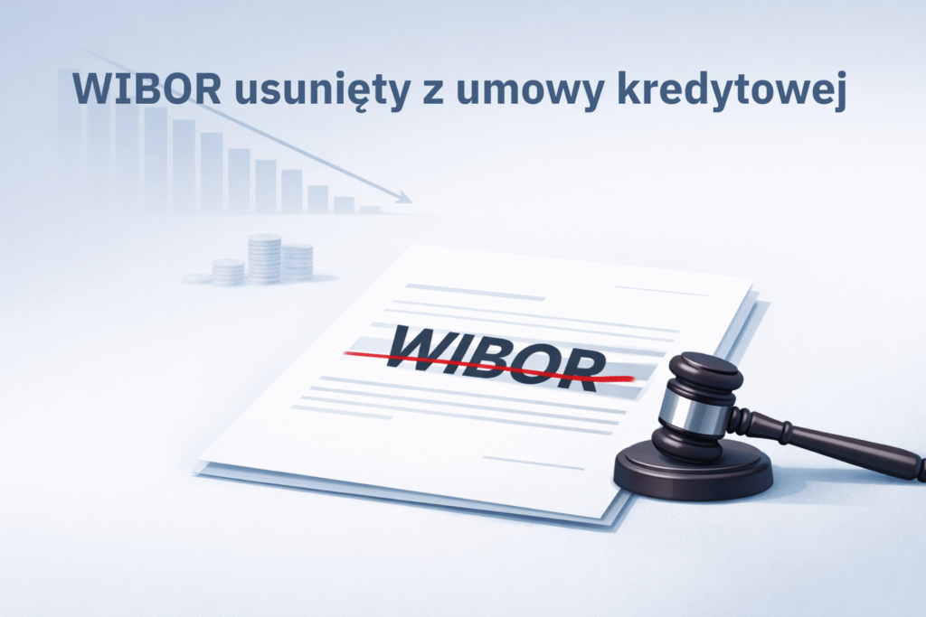 Minimalistyczna ilustracja symbolizująca usunięcie WIBOR z umowy kredytowej i przywrócenie równowagi konsumentowi.