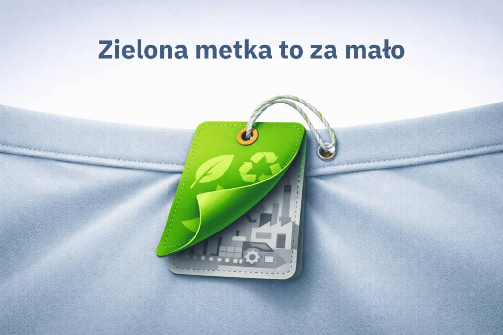 Ilustracja przedstawia zieloną metkę przypiętą do ubrania, która odsłania ukrytą, szarą warstwę z motywem przemysłowym, symbolizując greenwashing w modzie.