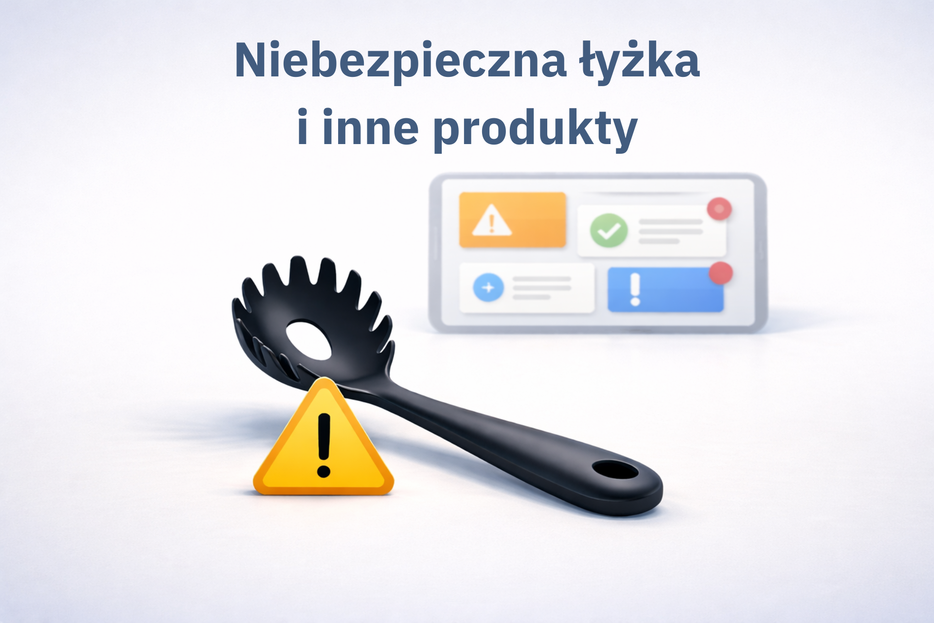 Grafika przedstawia łyżkę do spaghetti oznaczoną symbolem ostrzeżenia oraz ekran z alertami o niebezpiecznych produktach.