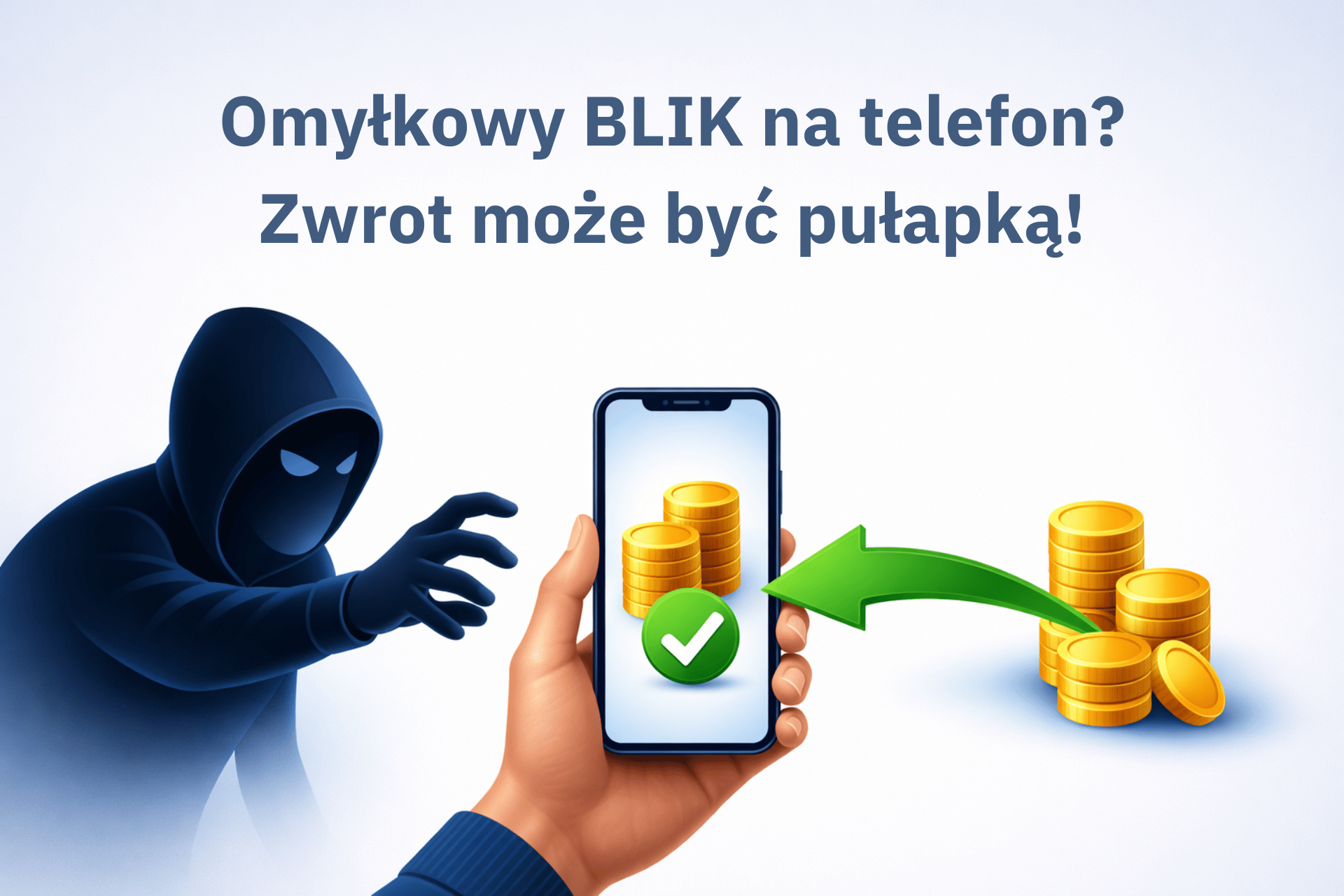Grafika pokazuje smartfon w dłoni konsumenta, wpływ pieniędzy na ekran oraz symboliczną postać oszusta wyciągającego rękę po środki.