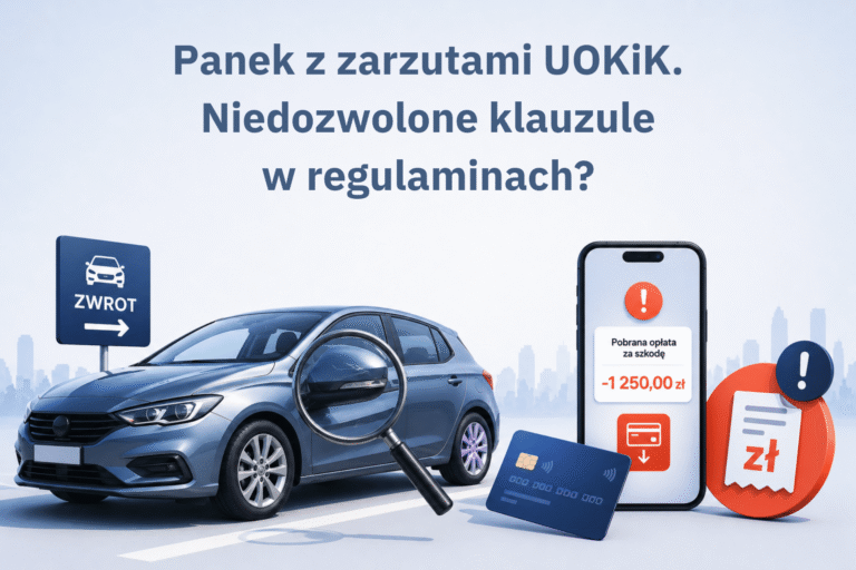 Grafika przedstawia wynajęty samochód, lusterko z ryską oraz telefon z informacją o pobranej opłacie za szkodę.