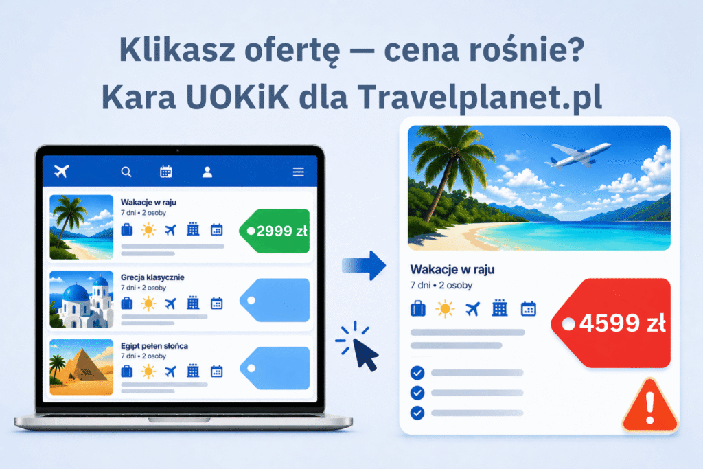 Grafika przedstawia ofertę wycieczki na komputerze i większą cenę po przejściu do szczegółów oferty, w kontekście kary UOKiK dla Travelplanet.pl.