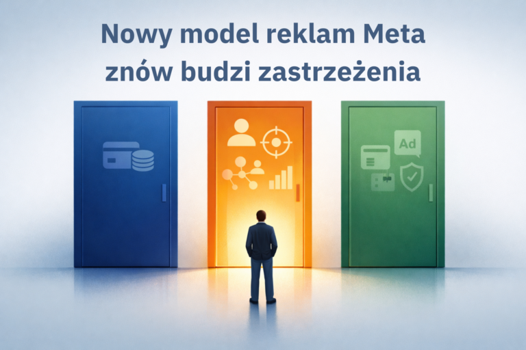 Ilustracja przedstawiająca konsumenta stojącego przed trzema drzwiami symbolizującymi różne opcje reklam i przetwarzania danych w usługach Meta.