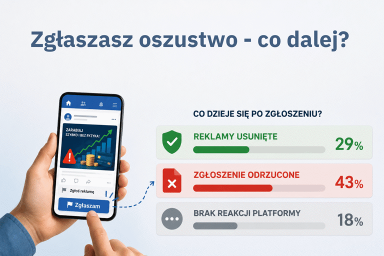 Ilustracja przedstawia użytkownika zgłaszającego reklamę oszustwa finansowego w mediach społecznościowych oraz procentowy podział reakcji platformy po zgłoszeniu.