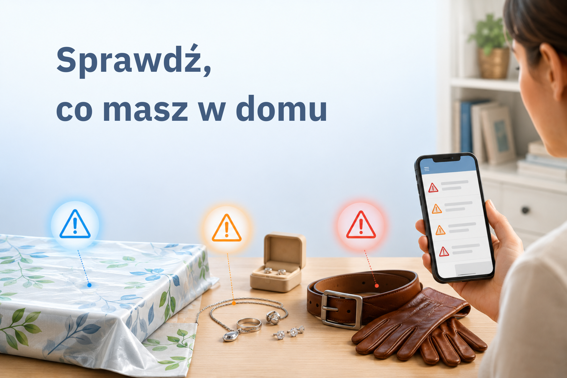Konsument sprawdza w domu obrus ceratowy, biżuterię i wyroby skórzane po kontroli Inspekcji Handlowej dotyczącej substancji chemicznych w produktach.