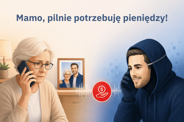 Grafika ostrzegająca przed oszustwem z AI, w którym przestępca podszywa się pod bliską osobę podczas rozmowy telefonicznej.