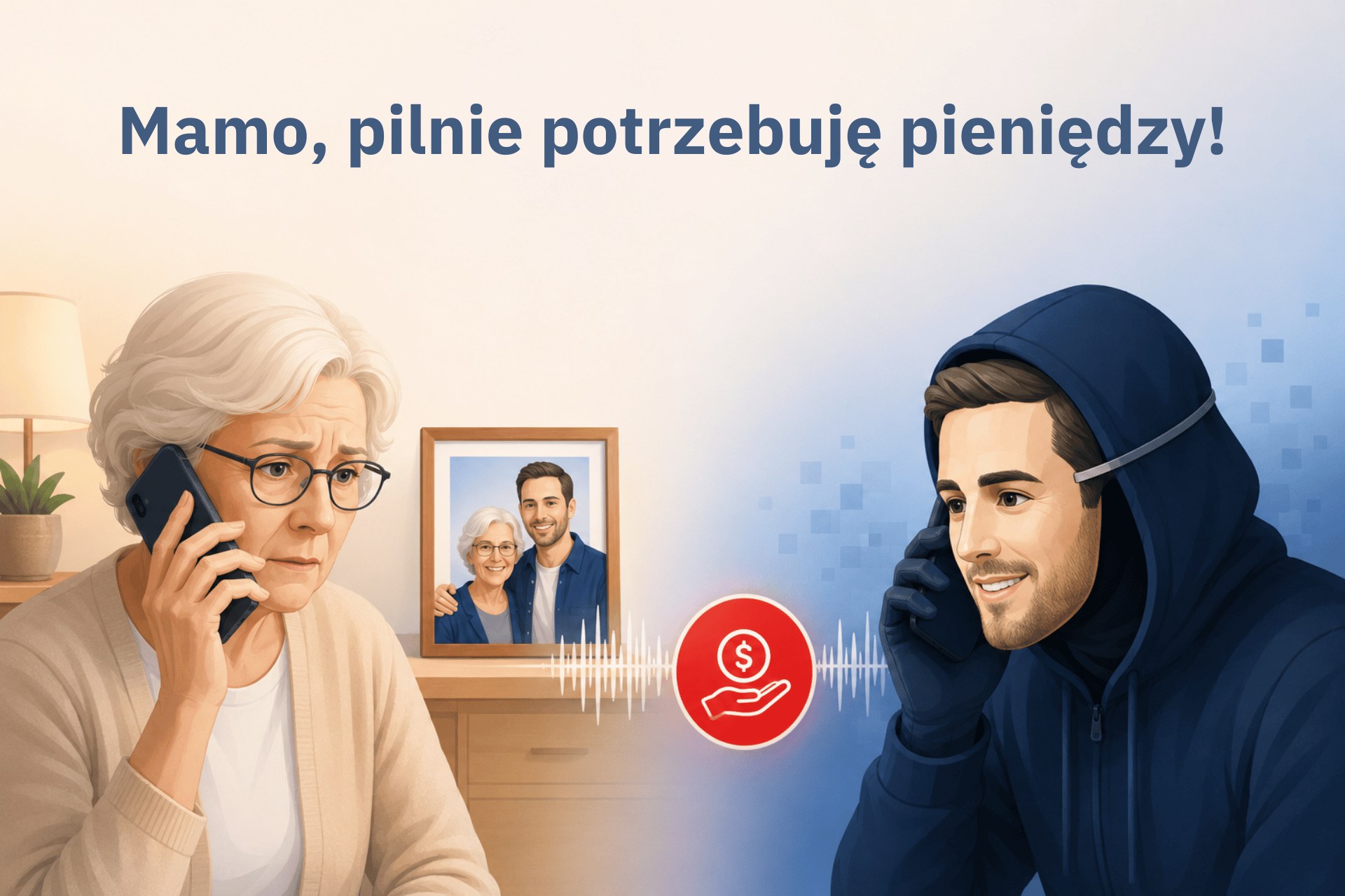 Grafika ostrzegająca przed oszustwem z AI, w którym przestępca podszywa się pod bliską osobę podczas rozmowy telefonicznej.