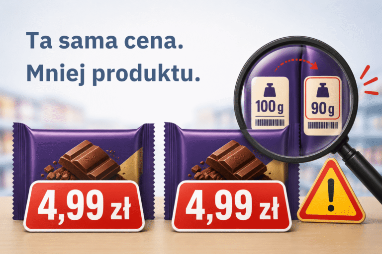 Grafika pokazująca shrinkflację: identyczna cena dwóch produktów, ale mniejsza gramatura widoczna dopiero pod lupą.