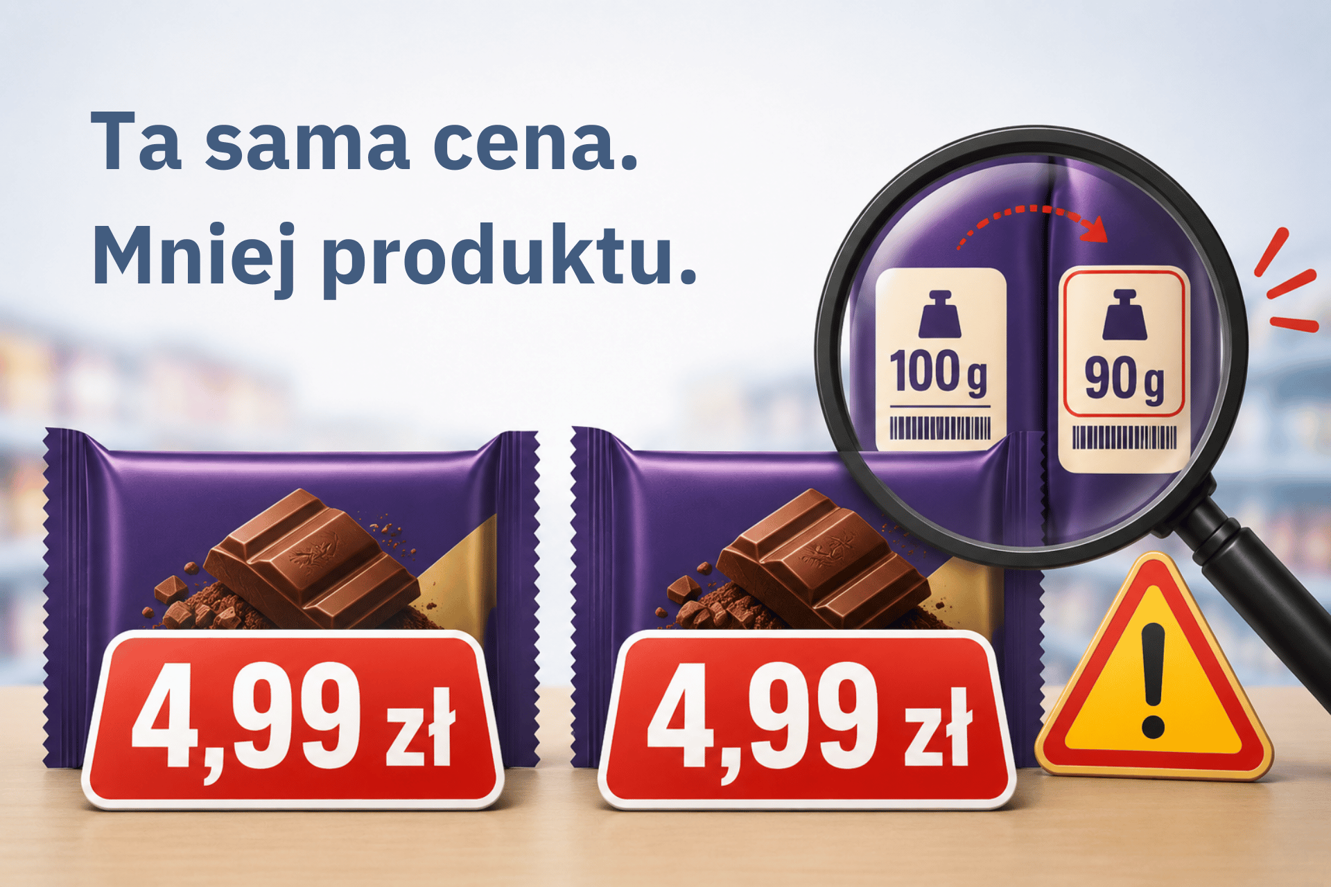 Grafika pokazująca shrinkflację: identyczna cena dwóch produktów, ale mniejsza gramatura widoczna dopiero pod lupą.