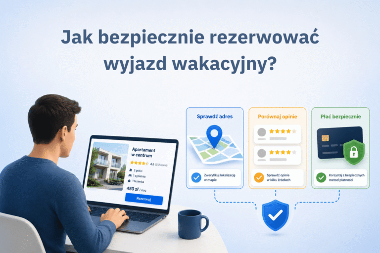 Grafika poradnikowa pokazująca, jak sprawdzić nocleg przed rezerwacją: adres, opinie i bezpieczny kanał płatności.
