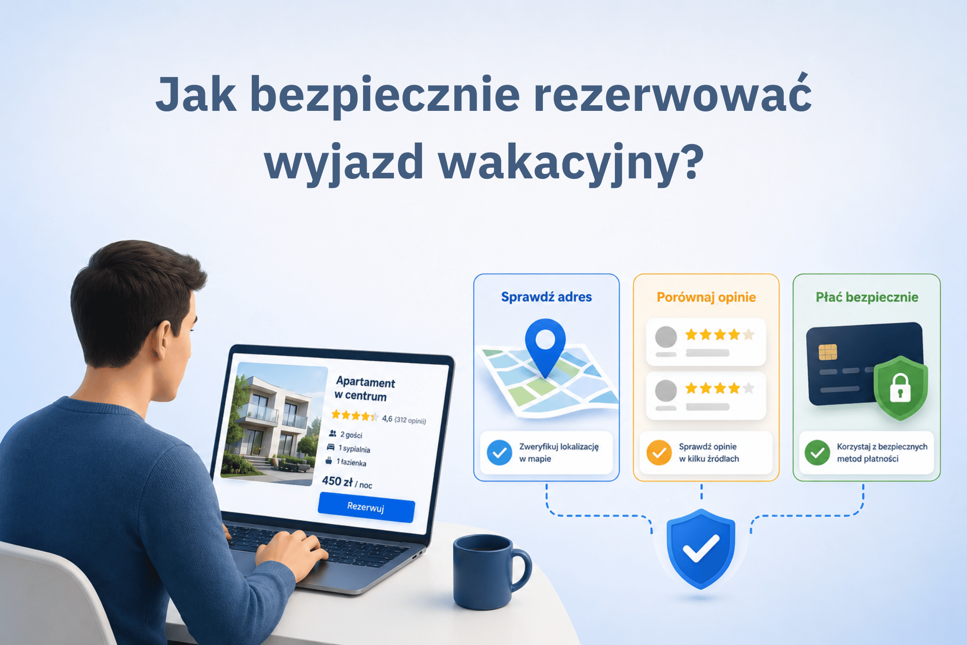 Grafika poradnikowa pokazująca, jak sprawdzić nocleg przed rezerwacją: adres, opinie i bezpieczny kanał płatności.
