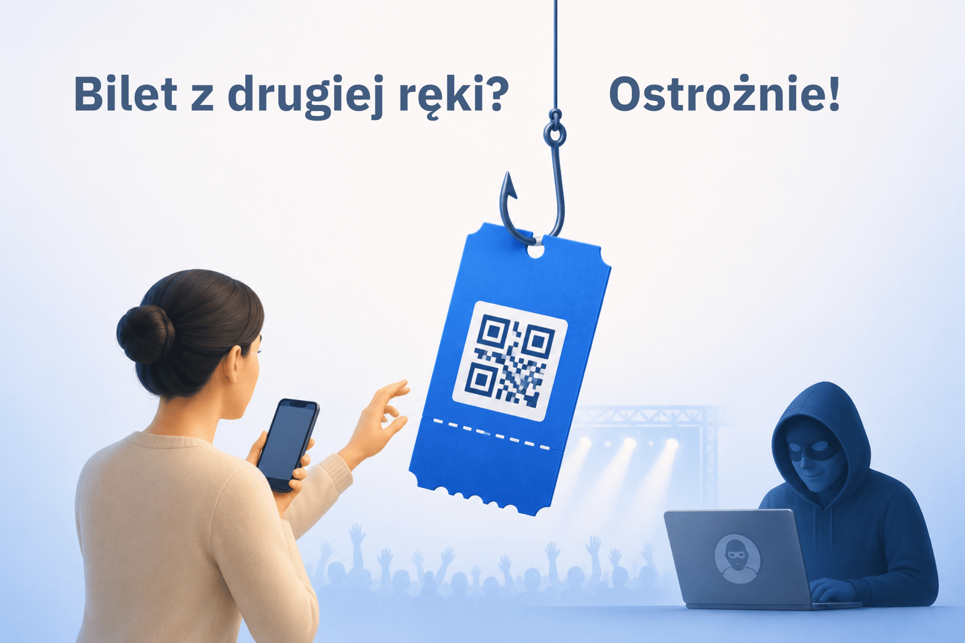 Ilustracja pokazująca ryzyko oszustwa przy zakupie biletu na koncert z drugiej ręki — konsument sięga po bilet zawieszony jak przynęta.