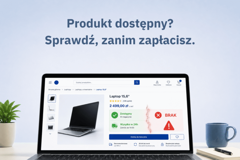 Ilustracja pokazuje problem nieprawdziwych informacji o dostępności produktów w e-sklepie: produkt opisany jako dostępny okazuje się niedostępny.