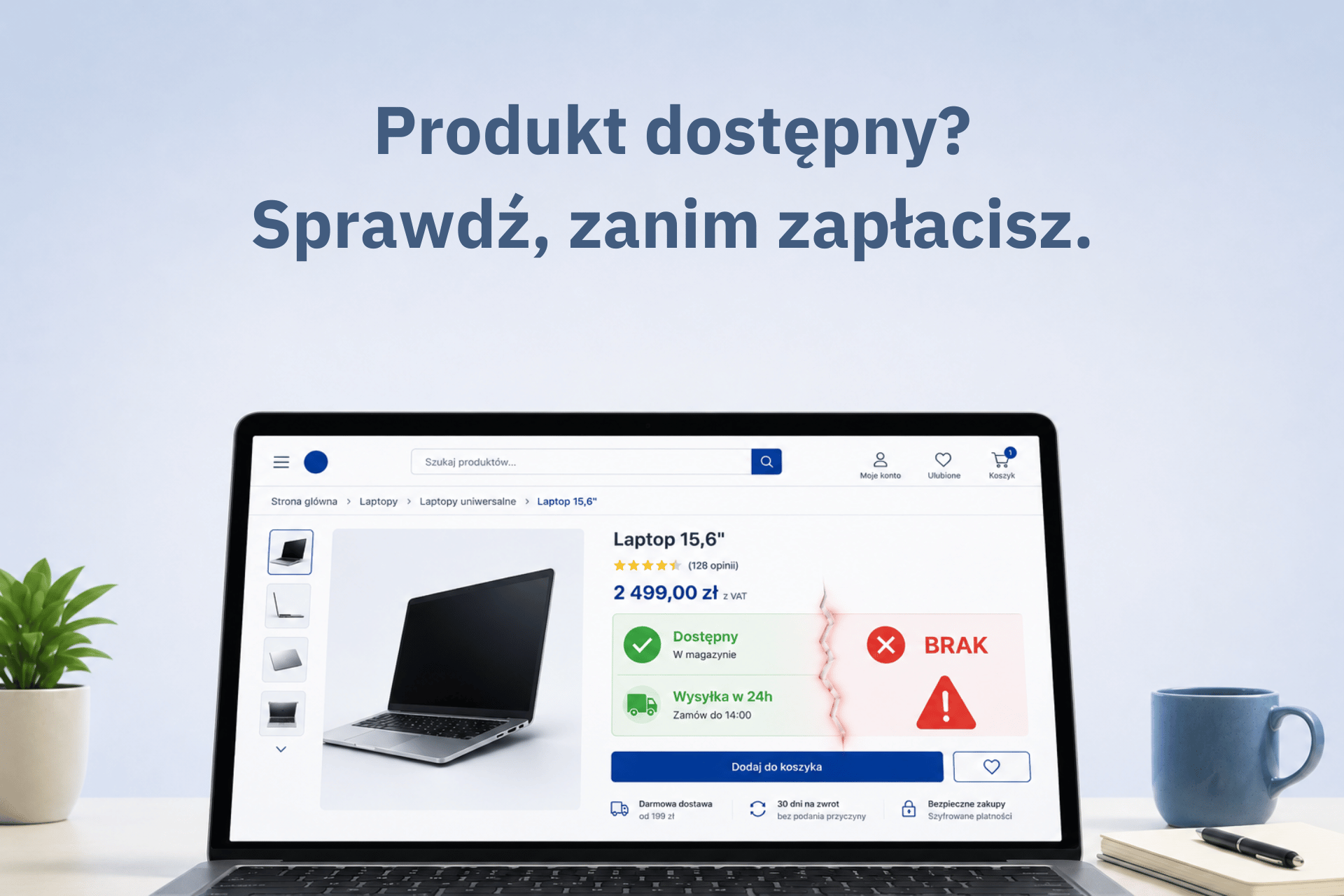 Ilustracja pokazuje problem nieprawdziwych informacji o dostępności produktów w e-sklepie: produkt opisany jako dostępny okazuje się niedostępny.