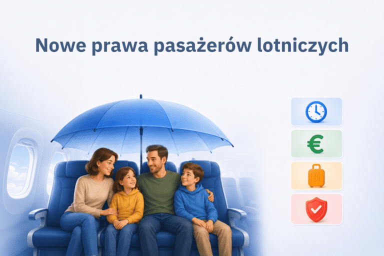 Rodzina siedząca razem w samolocie pod parasolem ochronnym jako symbol nowych praw pasażerów lotniczych w UE.