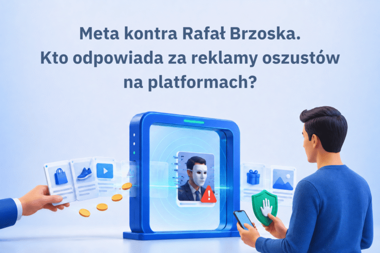 Reklama oszusta przechodząca przez bramkę platformy internetowej, obserwowana przez konsumenta z telefonem i tarczą ochronną.