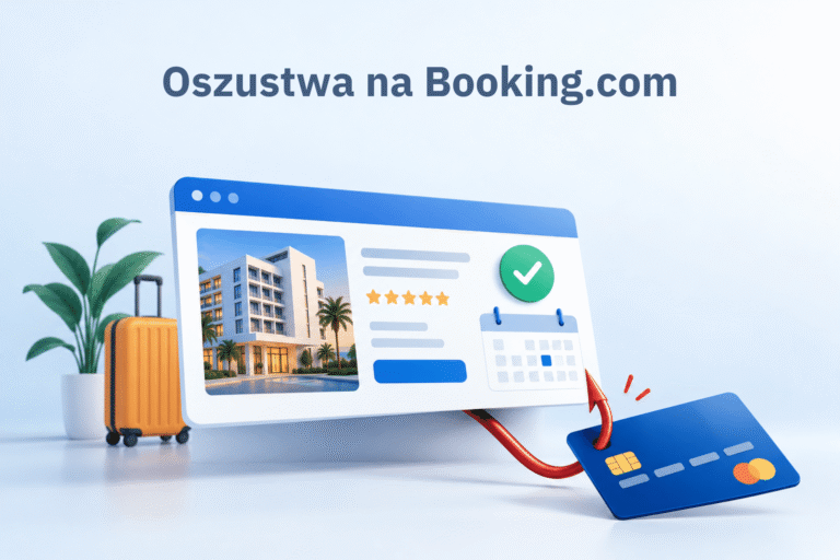 Oszuści na Booking.com – ilustracja karty płatniczej zaczepionej o czerwony haczyk przed ekranem rezerwacji hotelu.