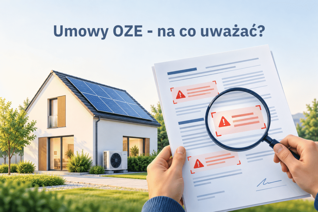 Umowy na pompy ciepła i fotowoltaikę pod lupą – dom z instalacją OZE i dokument z ostrzeżeniami.